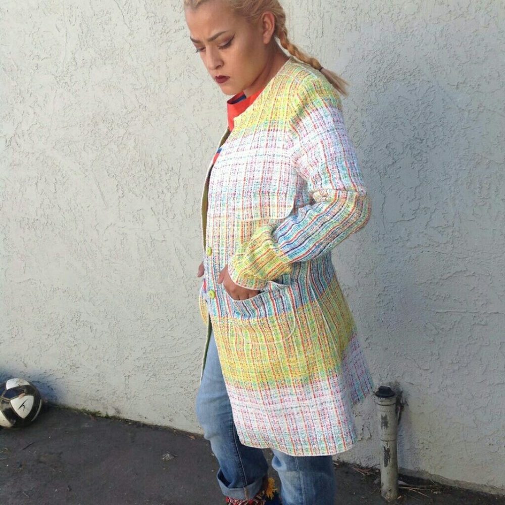 BLONDE No.8 STOCKHOLM Tweed Long Blazer Neon Trim Yellow Blue M Coat - Picture 16 of 16